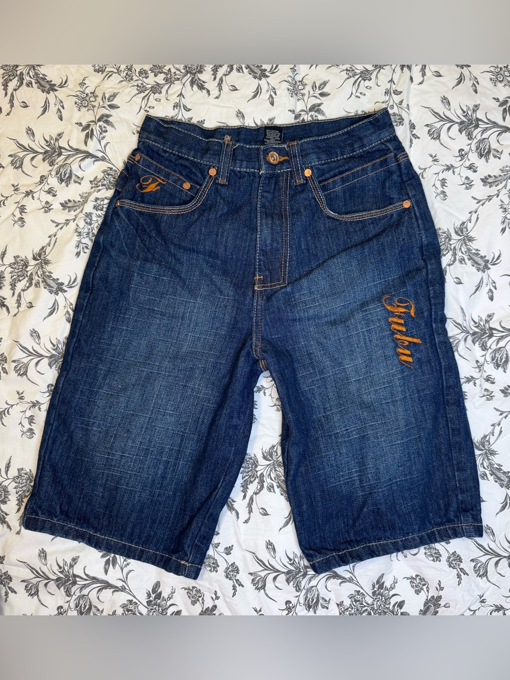 FUBU Dark Blue Denim Embroidered Jean Shorts